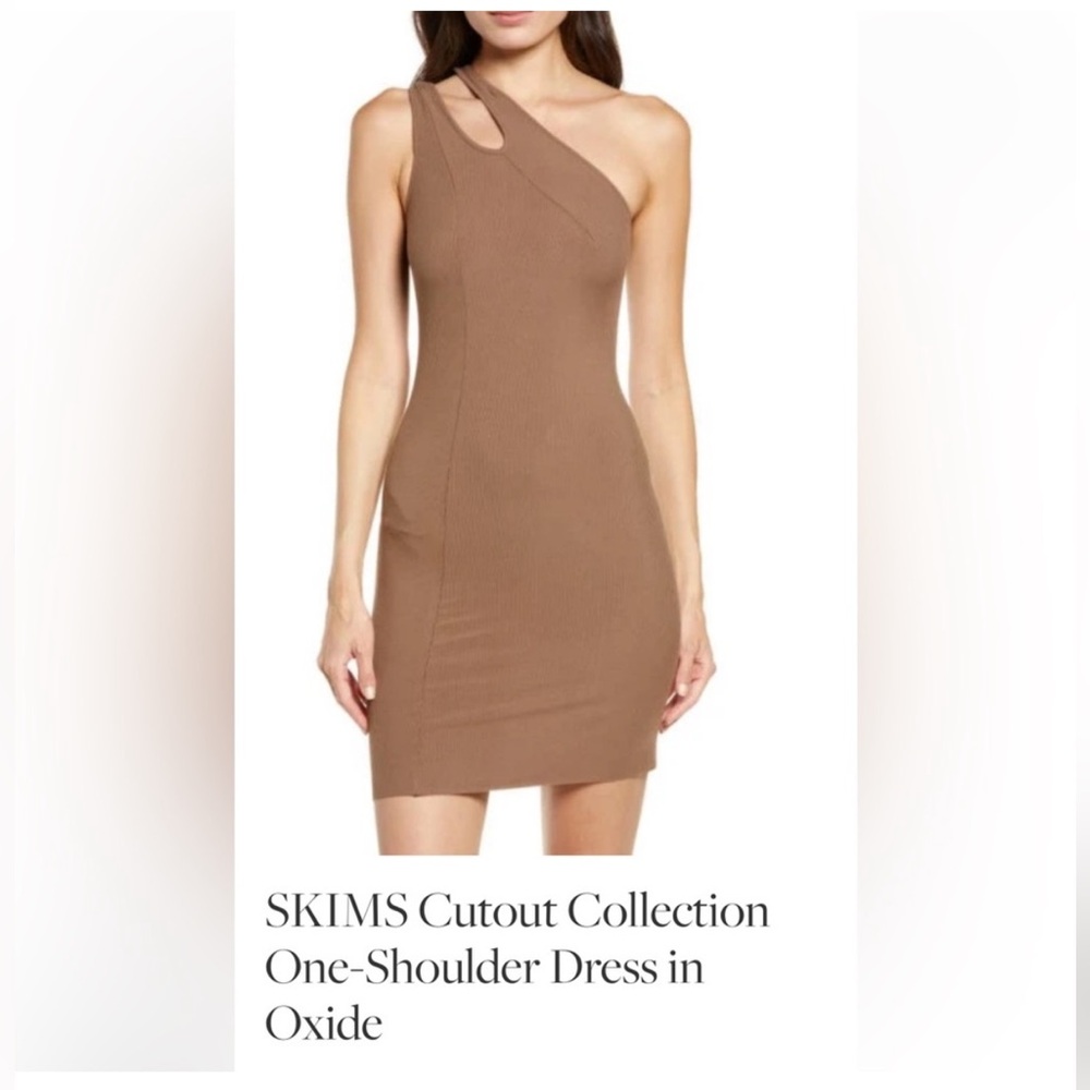 SKIMS Brown One Shoulder Cutout Ribbed Cotton Dress